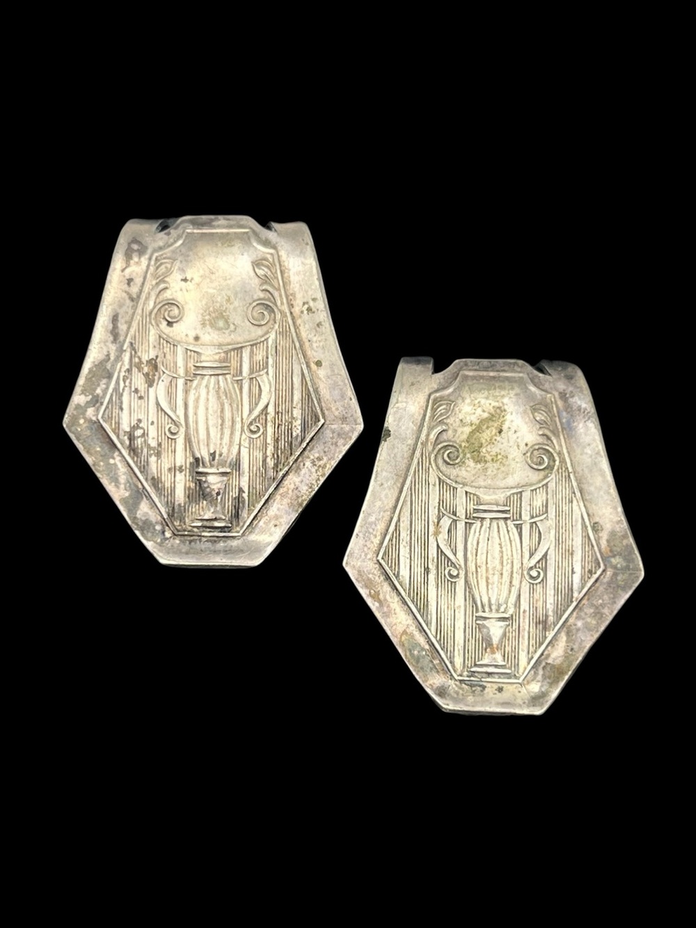 Art Deco vintage silver tone set of 2 napkin clip holders antique ornate design